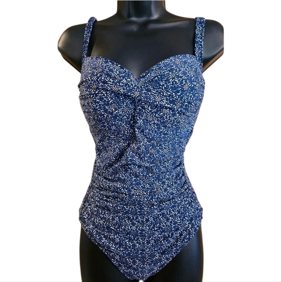 Nip Tuck Other - Niptuck Size 10 Navy Blue and White Swimsuit With Gold Flowers Slimming Cruise